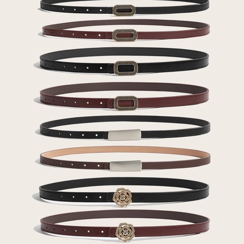 Women's Fashion Skinny PU Leather Belt With Flower Rhinestone Buckle Korean Style Slim Waist Strap For Jeans Dress Pants