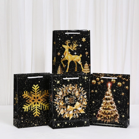 Sacchetti Regalo di Natale Renna d'Oro Albero Fiocco di Neve in Carta Patinata Stampata Borse per Confezioni Regalo per Feste