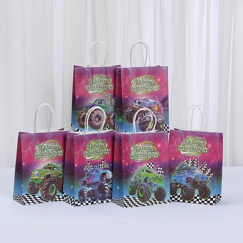 Monster Truck Geburtstag Geschenktüte Kraftpapier Handtasche Tragbare Bedruckte Einkaufstasche Für Kinder Geburtstag Party