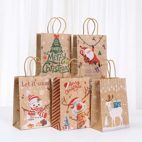 Sacchetti Regalo in Carta Kraft di Natale Con Manici Cartone Animato Babbo Natale Pupazzo di Neve Renna Stampati Borse per Feste