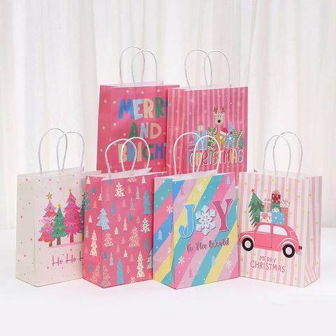 Roze Kerst Cadeauzakje Papier Bedrukte Kraft Feestdagen Boodschappentas Met Handvat Kerstfeest Gunst Verpakkingszak Voor Kerstcadeau
