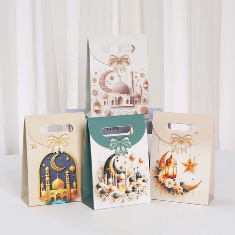 Middle Eastern Ramadan Eid Mubarak Gift Paper Bag With Bow Knot And Mosque Pattern Printed Cardstock Gift Wrapping Bag