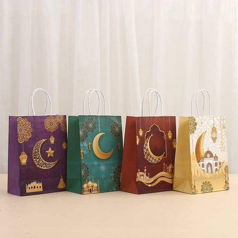 Ramadan Eid Kraftpapier Geschenktüten Islamische Moschee Mond Stern Druck Mit Griff Geschenkverpackung Für Eid Mubarak Partybedarf