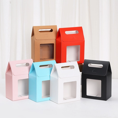 Portable Flip Top Gift Box With Transparent Window Handle Cardboard Packaging Box For Wedding Party Holiday Favor Candy Box