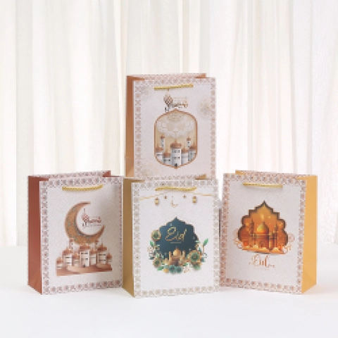 Eid Mubarak Paper Gift Bags Mosque Moon Print White Cardboard Handled Bags For Ramadan Kareem Party Favors Shopping Storage