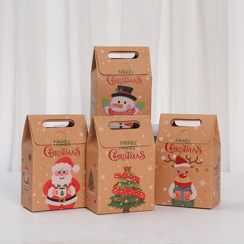 Christmas Kraft Paper Gift Bags With Handles Santa Snowman Tree Reindeer Pattern Festive Candy Packing Holiday Favor Bags