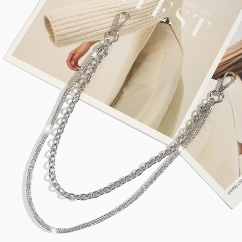 Catena da Vita in Metallo a Doppio Strato Punk con Nappina in Strass Argento Accessori Moda per Jeans Donna Uomo Gioielli da Festa