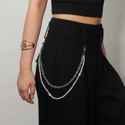 Punk Zinc Alloy Rhinestone Waist Chain Multilayer Jeans Trousers Chain With Lobster Clasps For Women Men Fashion Jewelry