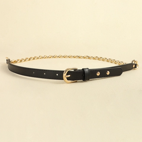 Women Fashion PU Leather Metal Chain Waist Belt Punk Western Style Link Chain Adjustable Decorative Belt For Jeans Dress