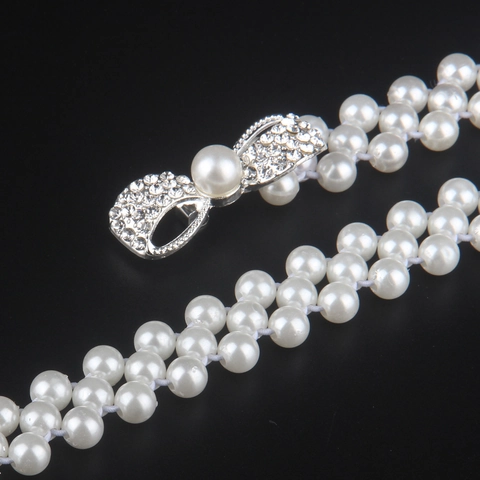 Women Elegant Faux Artificial Pearl Waist Chain Elastic Corset Belt With Rhinestone Bow Buckle Silver Thin Waistband For Dresses Party