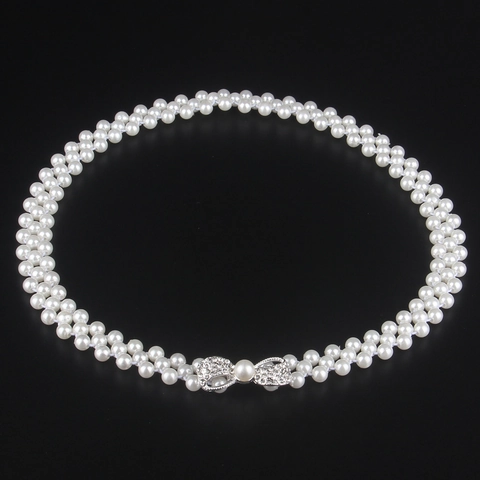 Women Elegant Faux Artificial Pearl Waist Chain Elastic Corset Belt With Rhinestone Bow Buckle Silver Thin Waistband For Dresses Party