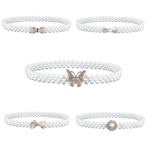 Women Elegant Artificial Pearl Elastic Waist Chain Belt With Alloy Rhinestone Bowknot Butterfly Buckle Decorative Waistband For Dress