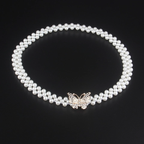 Women Elegant Artificial Pearl Elastic Waist Chain Belt With Alloy Rhinestone Bowknot Butterfly Buckle Decorative Waistband For Dress