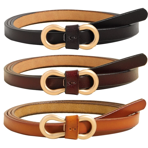 Cintura Sottile da Donna in Vera Pelle di Vacchetta Minimalista Con Fibbia in Rame a Forma di 8 Infinity Retro Cinturino in Vita Accessorio di Moda