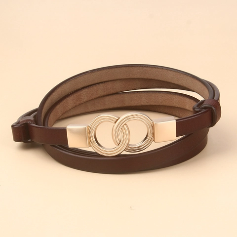 Women Genuine Leather Thin Belt For Dresses Fashion Sweet Split Cowhide Waist Strap Gold Double Ring Buckle Skinny Belt