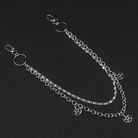 Hip Hop Double Layer Metal Waist Chain With Star Moon Pendant Silver Color Punk Streetwear Pants Chain For Men Women