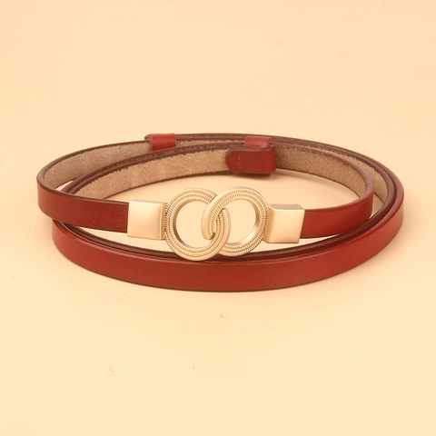 Women Genuine Leather Thin Belt For Dresses Fashion Sweet Split Cowhide Waist Strap Gold Double Ring Buckle Skinny Belt
