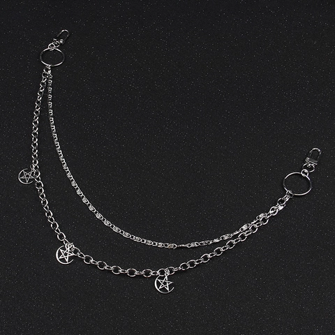 Hip Hop Double Layer Metal Waist Chain With Star Moon Pendant Silver Color Punk Streetwear Pants Chain For Men Women