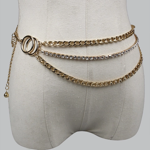 Fashion Women Gold Multi-Layer Waist Chain Adjustable Metal Link Body Chain With Rhinestone Accents For Jeans Dress Jewelry