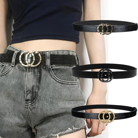 Women Fashion Faux Leather Belt With Double Round Ring Metal Buckle Crocodile Snake Skin Pattern Western Style Waist Strap