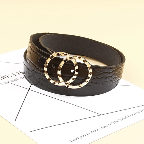 Women Fashion Faux Leather Belt With Double Round Ring Metal Buckle Crocodile Snake Skin Pattern Western Style Waist Strap