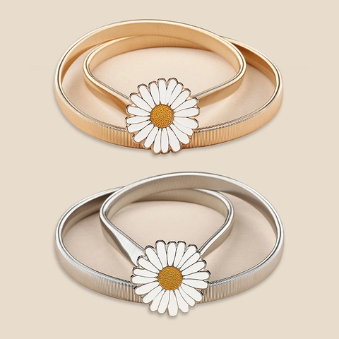 Women Daisy Flower Metal Elastic Waist Chain Belt Adjustable Thin Fashion Belt For Dresses Gold Silver Tone Accessory
