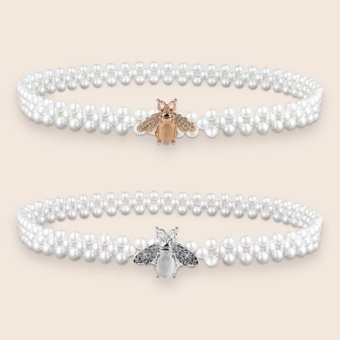 Elegante Catena da Vita con Perle Artificiali da Donna Cintura con Fibbia ad Ape Oro Argento Strass Intarsiati Regolabile Accessori per Abiti alla Moda