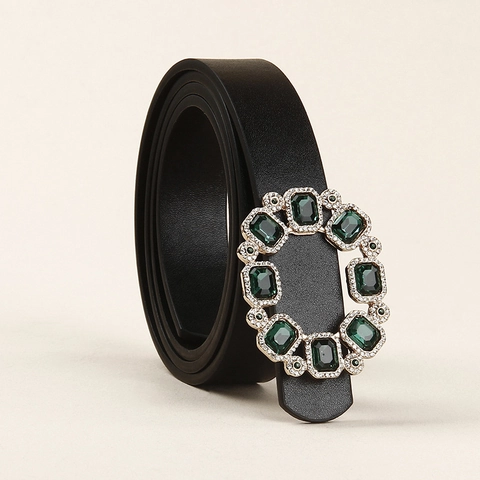 Cinturón de Moda Vintage para Mujer de Cuero Sintético con Diamantes de Imitación Hebilla Redonda de Aleación Accesorios