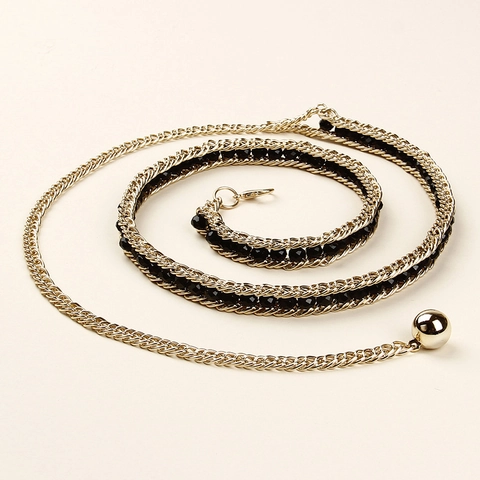 Women Vintage Metal Chain Belt Fashion Layered Waist Chain With Artificial Pearl Pendant Elegant Leather Interwoven Body Chain