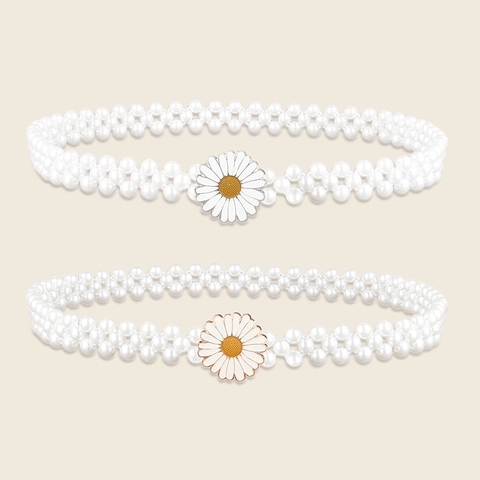 Elegant Elastic Artificial Pearl Waist Chain With Daisy Buckle For Women Thin Plastic Alloy Bead Belt For Dresses Party Jewelry