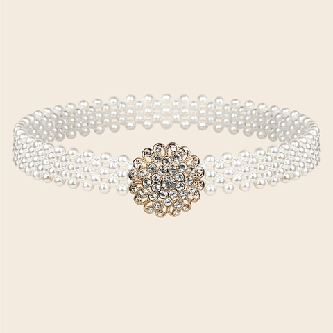 Vintage Women Artificial Pearl Waist Chain Belt Elastic Rhinestone Inlaid Flower Decorative Girdle For Wedding Party Dresses Accessory