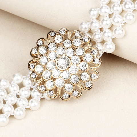 Vintage Women Artificial Pearl Waist Chain Belt Elastic Rhinestone Inlaid Flower Decorative Girdle For Wedding Party Dresses Accessory