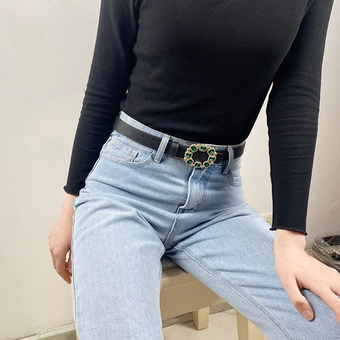 Cinturón de Moda Vintage para Mujer de Cuero Sintético con Diamantes de Imitación Hebilla Redonda de Aleación Accesorios