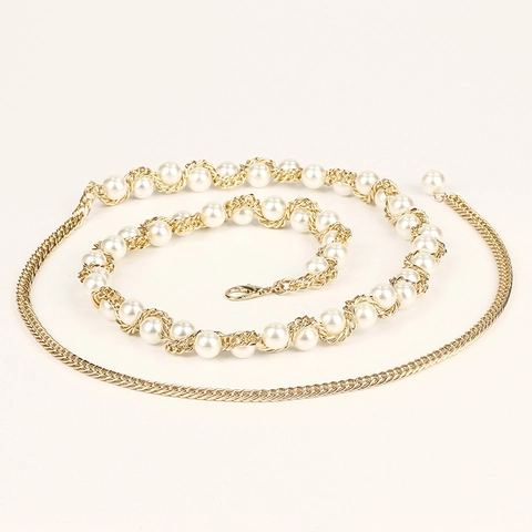 Women Elegant French Vintage Artificial Pearl Alloy Metal Link Waist Chain Adjustable Gold Silver Color Body Chain Belt For Dress