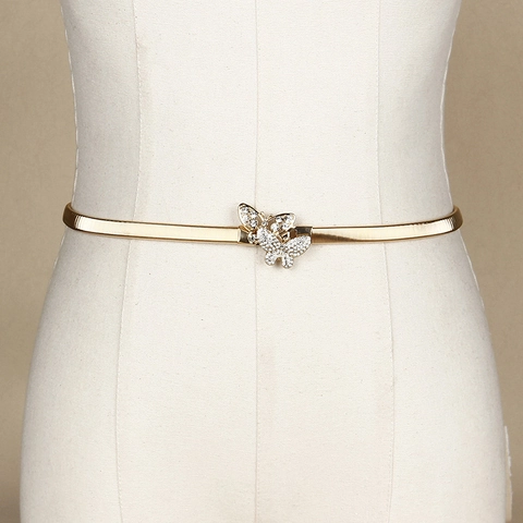 Elegante Vlinder Strass Ingelegde Metalen Elastische Taille Ketting Goud Dunne Stretch Riem Voor Jurken Feest Accessoires Vrouwen