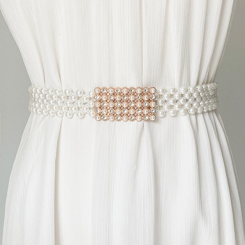 Elegante Catena da Vita Elastica in Perle Artificiali a Più File da Donna Con Fibbia in Lega Intarsiata con Strass Quadrati