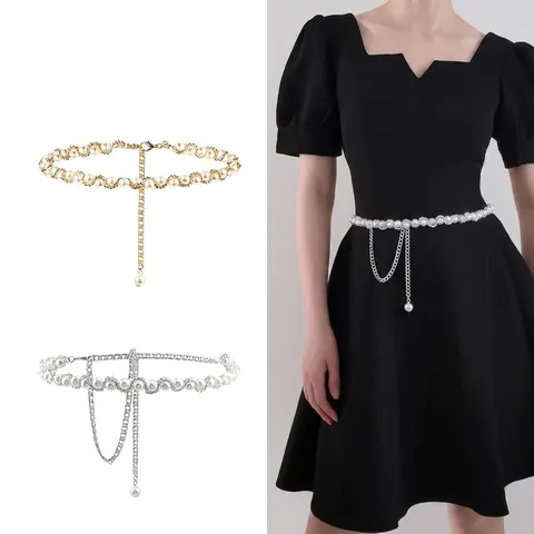 Women Elegant French Vintage Artificial Pearl Alloy Metal Link Waist Chain Adjustable Gold Silver Color Body Chain Belt For Dress