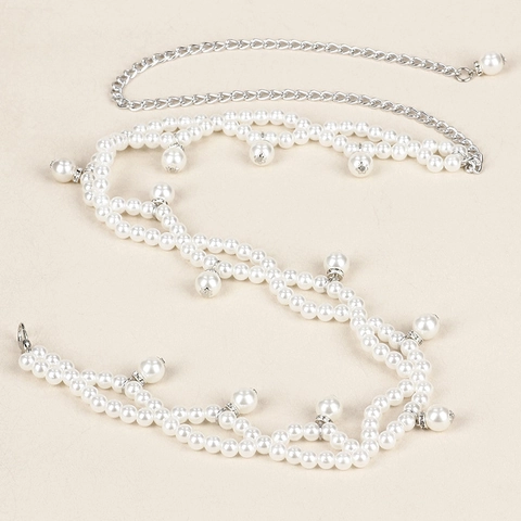 Elegante Cintura a Catena da Vita in Perla Artificiale Intrecciata a Mano per Donna Doppio Strato con Nappa in Strass