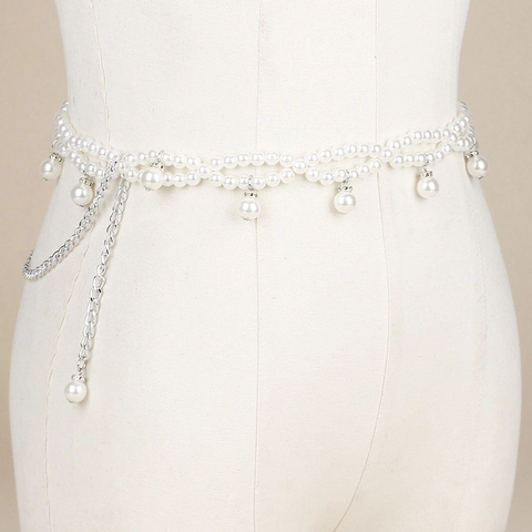 Elegante Cintura a Catena da Vita in Perla Artificiale Intrecciata a Mano per Donna Doppio Strato con Nappa in Strass