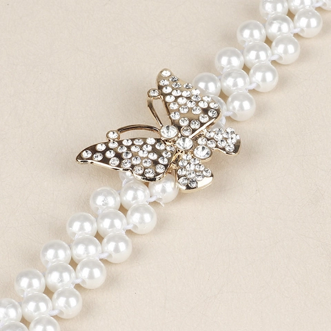 Cintura a Catena in Vita con Perle Artificiali Eleganti da Donna Fibbia a Farfalla in Lega Oro con Strass Elastica Accessorio