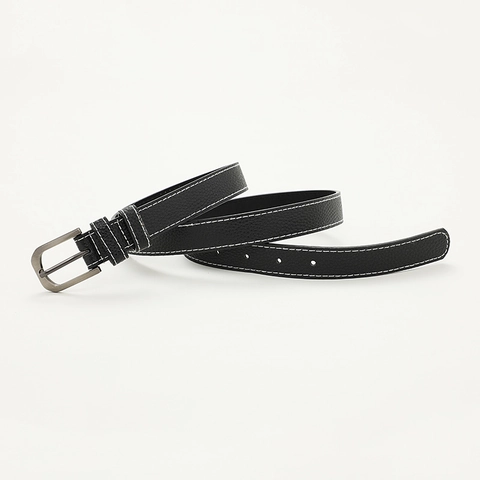 Minimalist Women PU Leather Belt With Gold Silver Round Alloy Buckle Floral Embossed Contrast Stitching Casual Waistband