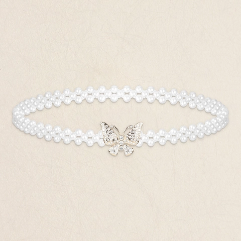 Cintura a Catena in Vita con Perle Artificiali Eleganti da Donna Fibbia a Farfalla in Lega Oro con Strass Elastica Accessorio