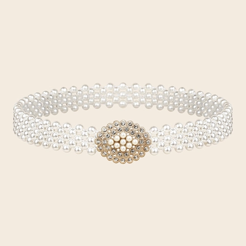 Elegante Catena da Vita con Perle Artificiali per Donna Cintura Corsetto Larga con Strass Ovali per Abiti Accessorio Moda