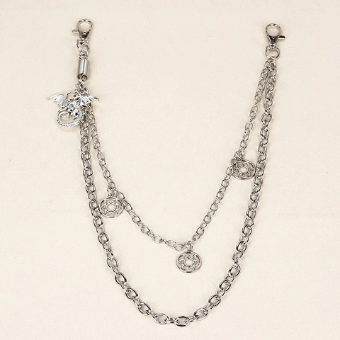 Punk Metal Pants Chain Double Layer Silver Color Belt Chain With Dragon Pendant And Hexagram Star Charms Hip Hop Jewelry