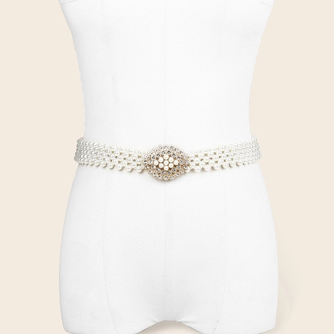 Elegante Catena da Vita con Perle Artificiali per Donna Cintura Corsetto Larga con Strass Ovali per Abiti Accessorio Moda