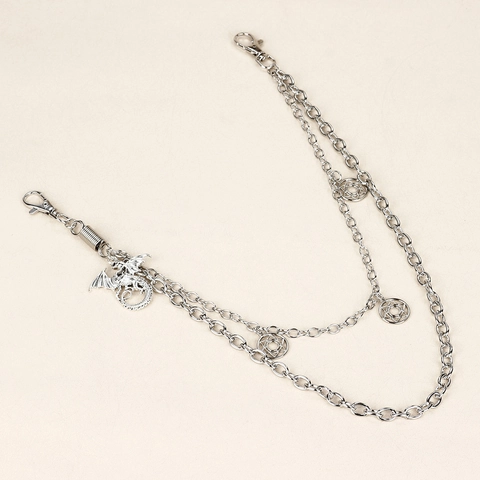 Punk Metal Pants Chain Double Layer Silver Color Belt Chain With Dragon Pendant And Hexagram Star Charms Hip Hop Jewelry