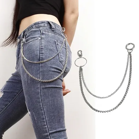 Chaîne de Pantalon en Métal à Double Couche Punk Argent Gothique Streetwear Chaîne de Portefeuille Boucle Anneau Crochets