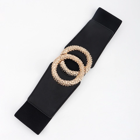 Damen Eleganter Elastischer Korsettgürtel Strukturierte Goldene Doppelringschnalle Breiter PU-Leder Taillengürtel Mode Kleid Accessoire