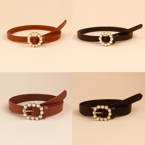 Cinturón Estrecho de Cuero PU para Mujer Con Hebilla de Aleación de Perla Artificial Elegante Vintage Moda Coreana Cinturón para Decoración de Vestidos