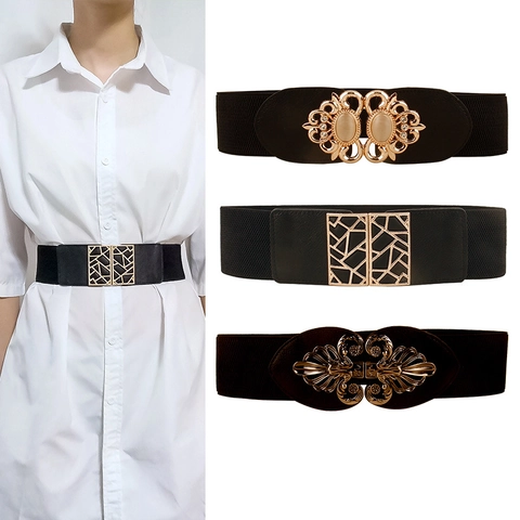 Ceinture Élastique Large pour Femmes Mode Cuir PU Ceinture Corset Avec Boucle en Métal Motif Géométrique Floral pour Robe Chemise